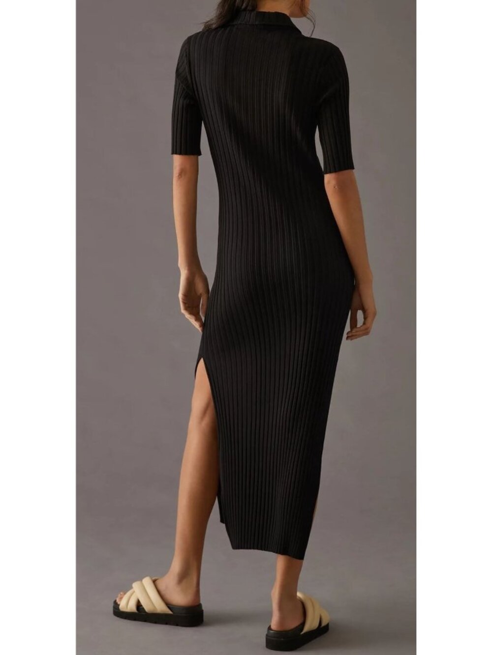 Anthropologie x Stateside Black Ribbed V-Neck Maxi Dress w/ Side Slits Sz M - Picture 4 of 9
